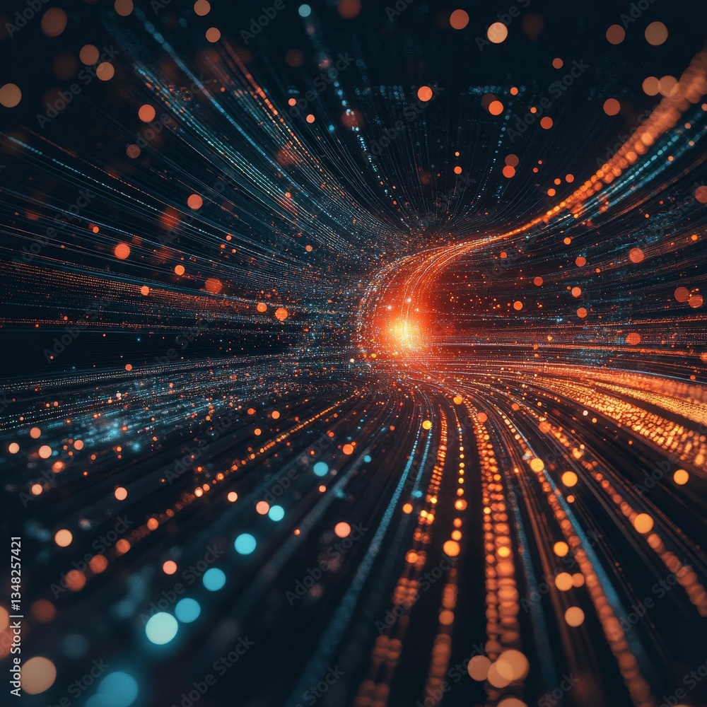 Leinwandbilder digital data tunnel: abstract view of information flow through space and time with light particles.