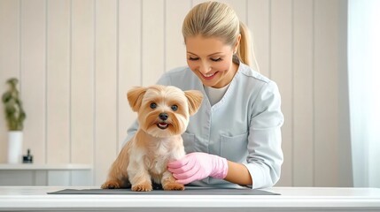 A happy Yorkshire Terrier receiving a professional grooming session from a veterinarian or groomer. The dog is sitting on a clean table