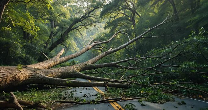 A huge oak tree fell across the road and completely blocked it after a wind, copy space