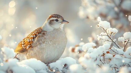 A small bird sitting on a snow covered winter branch