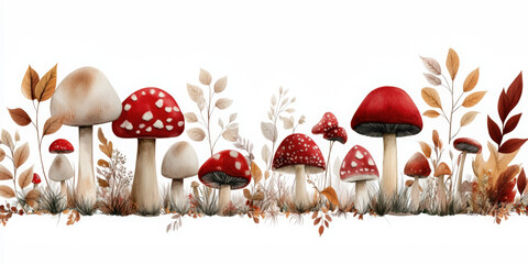 Unique icon set of cute woodland mushrooms in watercolor on white background for nature lovers