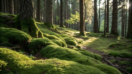 Obraz premium Lush green moss grows in the shady part of the forest, creating a peaceful and beautiful scene with its soft, detailed patterns.
