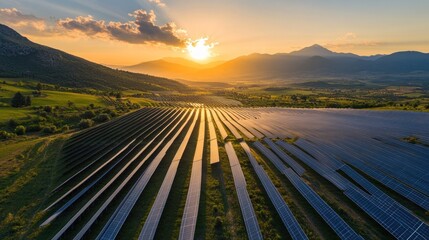 Sunset over a vast solar farm nestled in a verdant mountain valley, showcasing clean energy and sustainable practices.