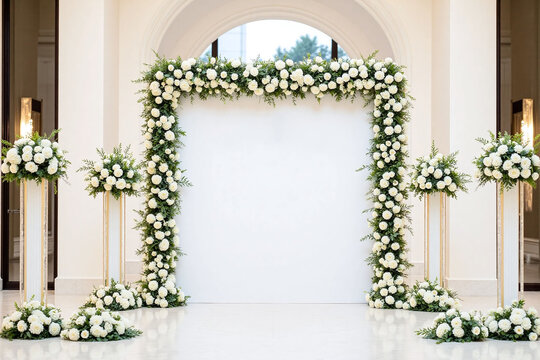 white backdrop with white flowers and greenery on it