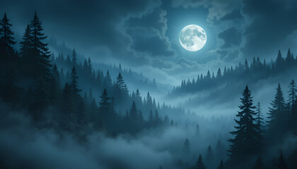 "Mystical, moonlit, misty, forest landscape background"
