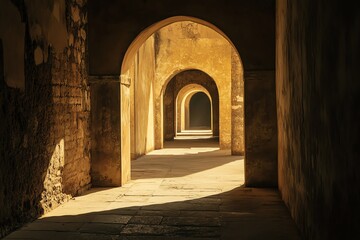 Sunlit stone archway corridor.  Ancient architecture, mystery, perspective, travel, history, pathway, sunlight, shadows.