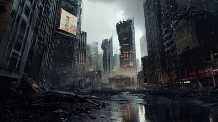 Post-Apocalyptic Cityscape: Ruins Under a Rainy Sky