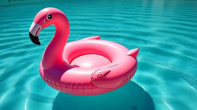  Pink inflatable flamingo floating in a swimming pool