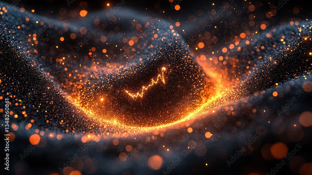 Wall mural abstract fiery particles, data graph, dark background. possible stock photo use design element, tech