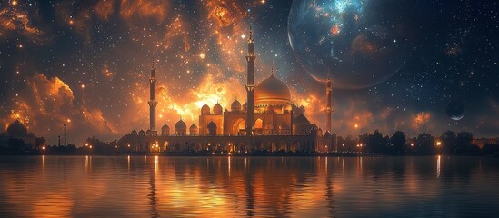 Obraz premium A beautiful mosque scene reflecting on a tranquil body of water