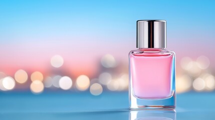 Perfume bottle glimmering under sparkling bokeh lights, a captivating still life