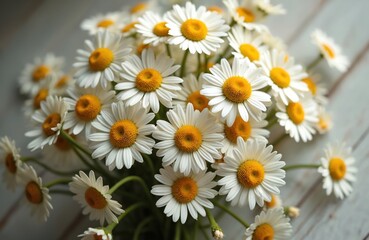 Fototapeta premium Chamomile daisy flowers bouquet. Floral composition of white petals, yellow center. Delicate flowers on background. Floral design for wedding, greeting card. Nature bloom.