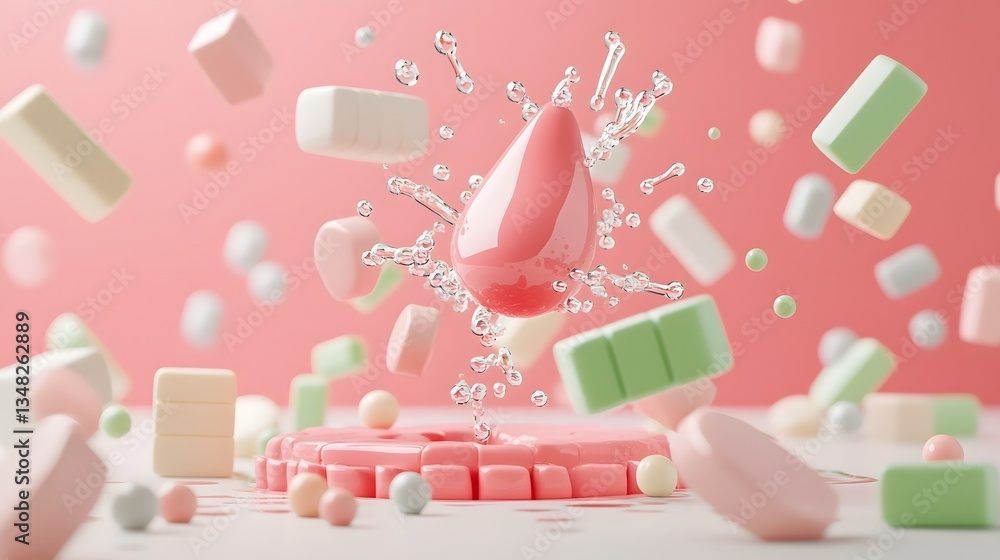 Poster 3d rendered image of a pink water droplet bursting into a dynamic composition of geometric shapes an