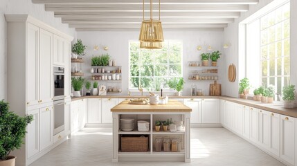 A bright, spacious kitchen with white cabinets, wooden countertops, and a large island. The kitchen is decorated with plants and has a large window that lets in natural light