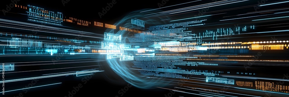 Poster a captivating abstract background featuring a swirling vortex of luminous digital code and communica