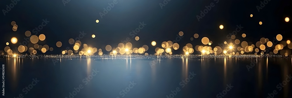 Aufkleber a captivating scene of golden lights gently reflected on a still dark body of water creating a mesme