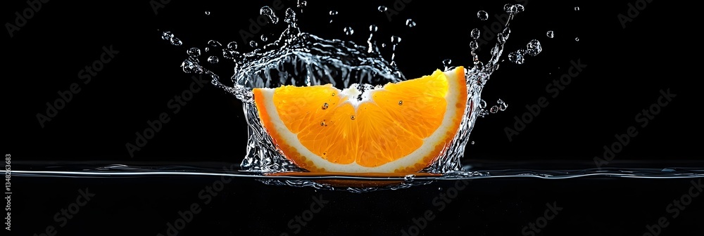 Aufkleber a cinematic capture of an orange slice gracefully dropping into crystal clear water creating a dynam