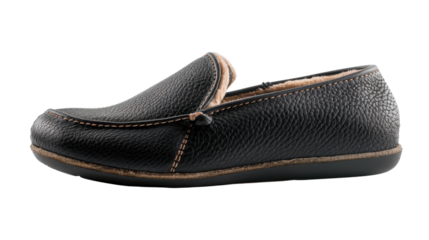 Comfortable black leather slippers with fur lining on transparent background