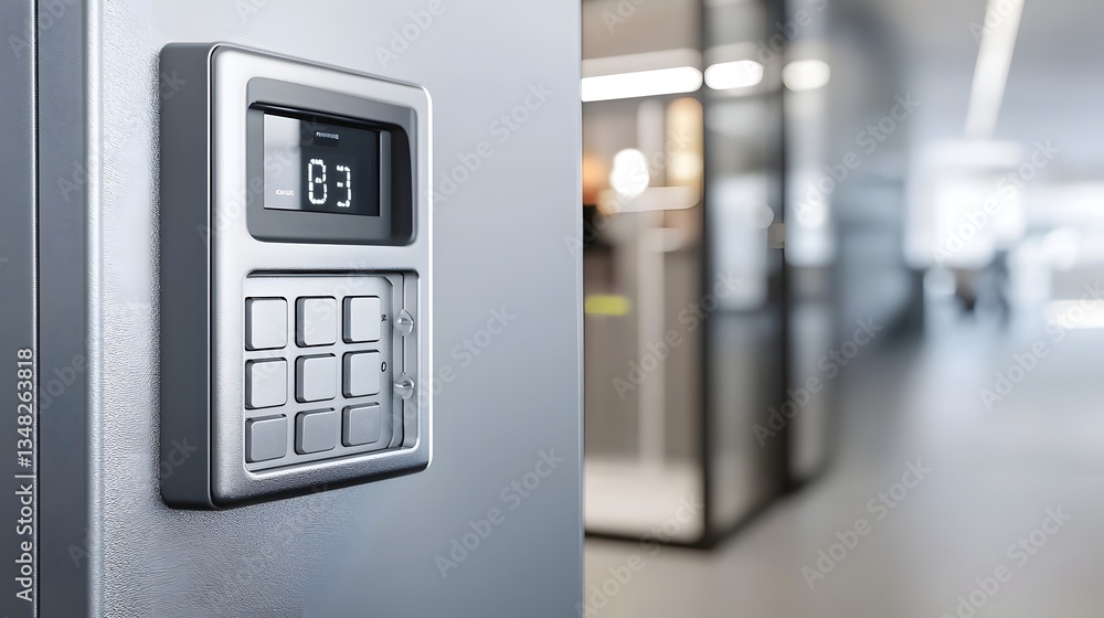 Aufkleber A close up view of a sleek metallic digital keypad on the front of a modern safe or secure storage device