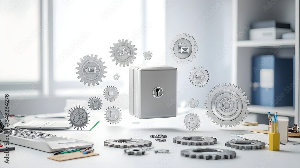 Leinwandbilder A conceptual image depicting a floating safe surrounded by rotating digital security symbols and gears
