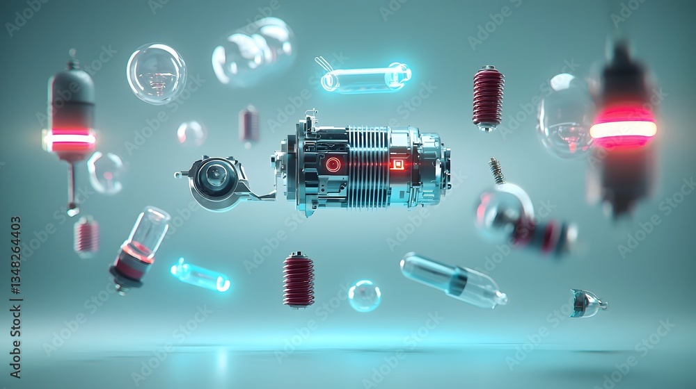 Poster a conceptual image showcasing the disassembled components of an electric motor suspended in a futuri