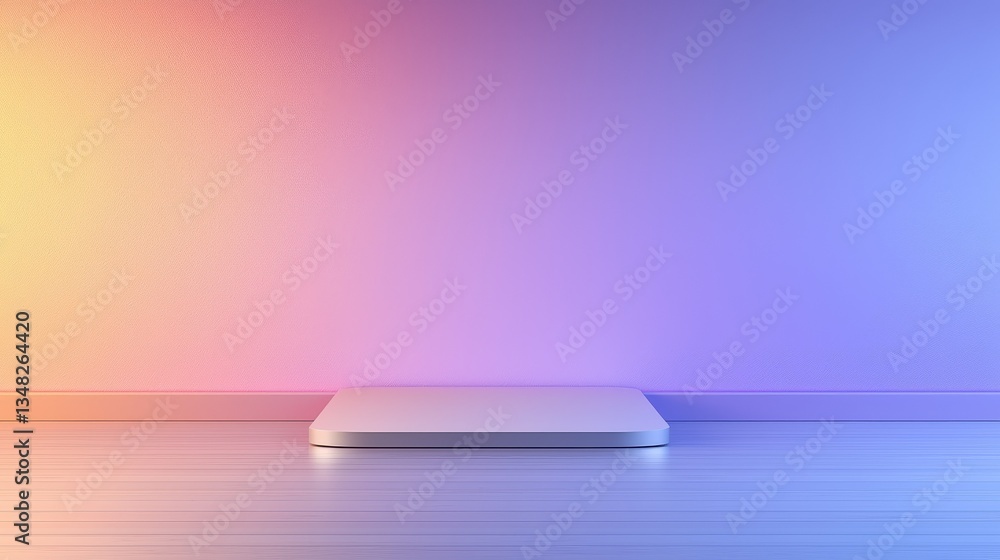 Poster a small, square platform rests on a reflective surface against a gradient background of warm yellow 
