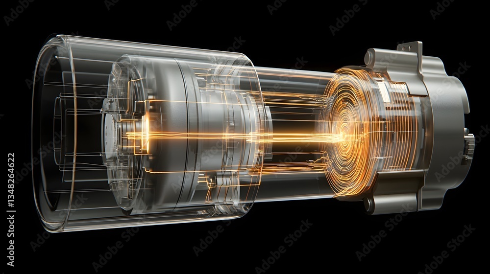 Poster a detailed 3d rendered cutaway showcasing the internal components and magnetic field flow within an 