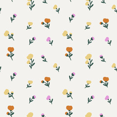 Floral seamless pattern design for fashion textiles, graphics, backgrounds and crafts. Small colorful flowers on white background.
