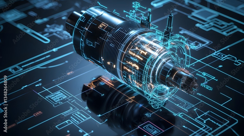 Aufkleber a detailed cross sectional diagram of an induction motor featuring neon like highlights and annotati
