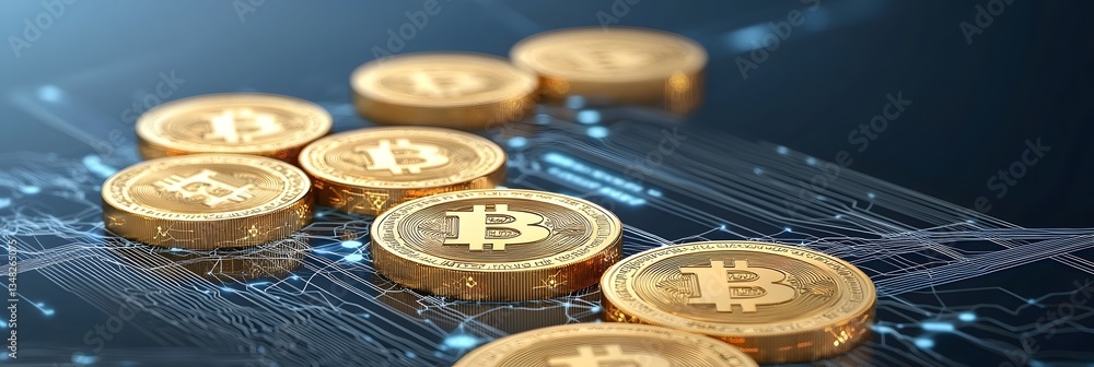 Poster A digital landscape showcasing golden Bitcoin and cryptocurrency coins connected in a futuristic blockchain style network representing the decentralized and innovative nature of digital finance