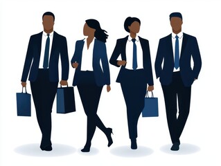 Four Business Professionals Walking Together in Dark Blue Suits