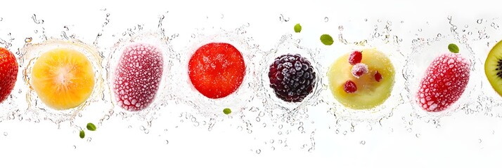 A dynamic and colorful background showcasing a refreshing splash of water with various frozen fruit slices including citrus berries and other vibrant produce