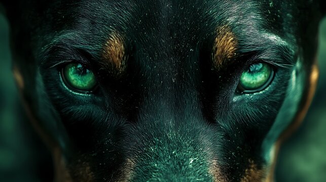 Close-up of a Doberman's intense green eyes, showcasing its focused gaze and detailed facial features