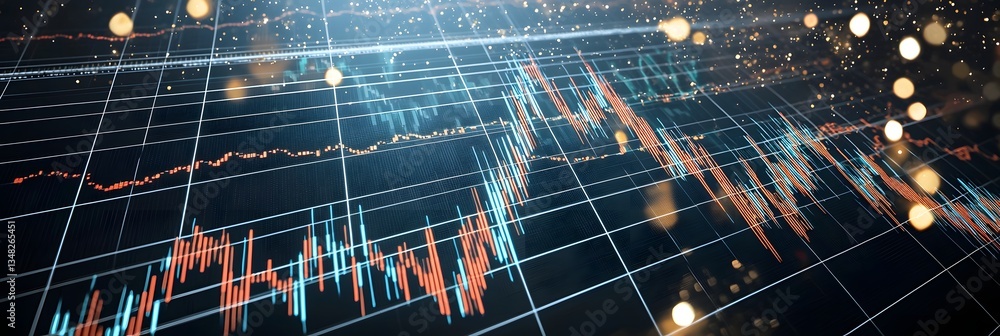 Aufkleber A dynamic financial chart displaying fluctuating market data set against a backdrop of shimmering golden sparkles that add depth and energy to the visualization