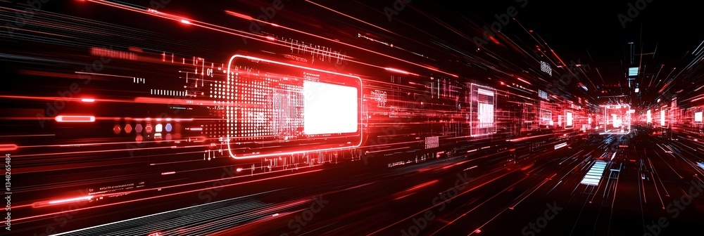 Poster A dynamic futuristic scene featuring fast moving data streams and luminous digital networks across an urban technologically advanced environment