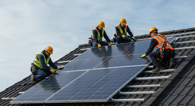 Technicians perform solar panel maintenance and upgrades on rooftop
