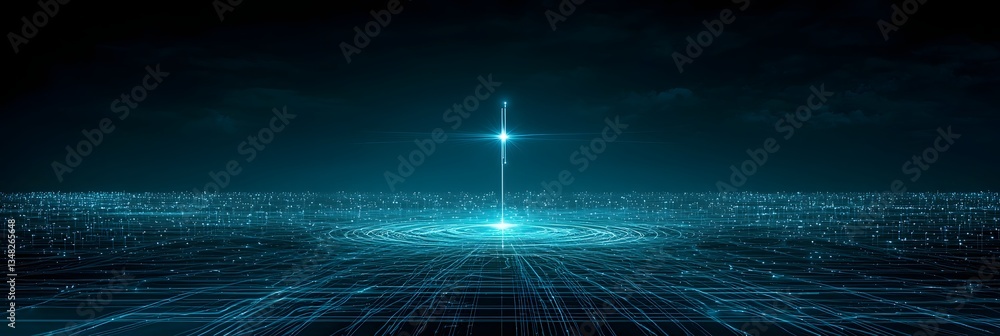 Fototapete A futuristic and abstract image showcasing a singular glowing antenna transmitting data across a vast interconnected digital network set against a sleek and minimalist backdrop