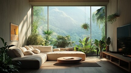 A modern living room with an impressive mountain view window