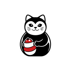 Sticker design of An artistic representation of a cat playing with a traditional Japanese daruma doll