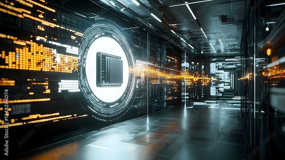 Poster a futuristic digital data center with a glowing vault icon representing the secure storage and proce