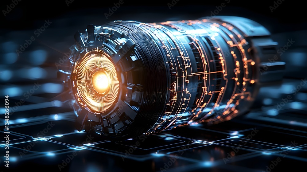 Poster A futuristic digital depicting a powerful electric motor powered by the convergence of sun rays into its intricate glowing core representing innovation in renewable energy technology