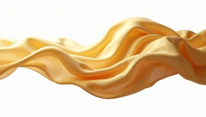 Golden flying fabric, 3d wave cloth. Elegant flowing silk satin textile isolated on white background. Dynamic, soft smooth curves, garment material in motion, wind effect.