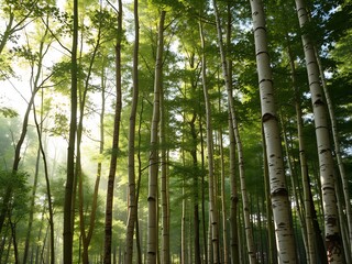 Sunlight filters gently through tall slender trees creating a serene forest scene. AI Generated