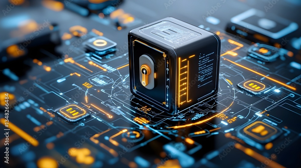 Poster A futuristic digital security concept depicting a safe surrounded by a circuit board filled with encrypted data symbols representing the protection of financial information in a high tech cyberspace