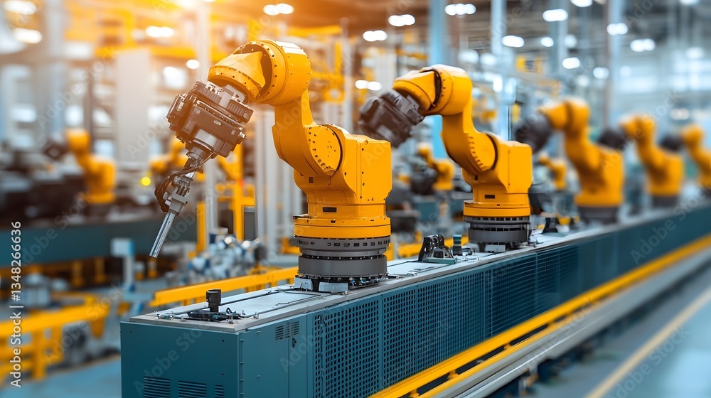 Poster a futuristic industrial setting featuring multiple robotic arms working in sync on an automated prod