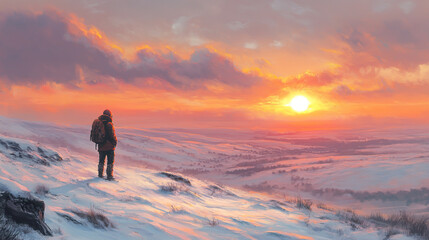 Obraz premium Solitary Explorer Gazing at a Majestic Winter Sunset over the North Yorkshire Moors, with Snow Clouds Gathering and a Serene Atmosphere Bathed