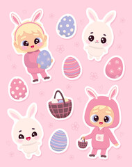 Adorable Easter stickers featuring cute bunnies, decorated eggs, happy kids.