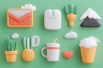3D Cartoon Icons on Green Background
