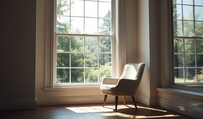 Fototapeta premium Serene armchair bathed in warm sunlight near large window. AI Generated