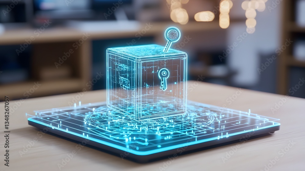 Leinwandbilder a futuristic transparent holographic safe with a glowing circuit board like interface being accessed